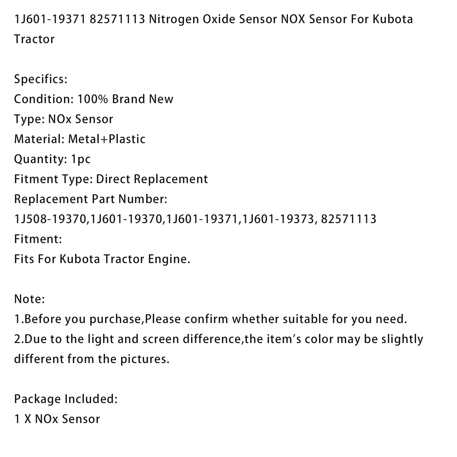 Nitrogen Oxide Sensor 1J601-19371 For Kubota 82571113 1J60119371