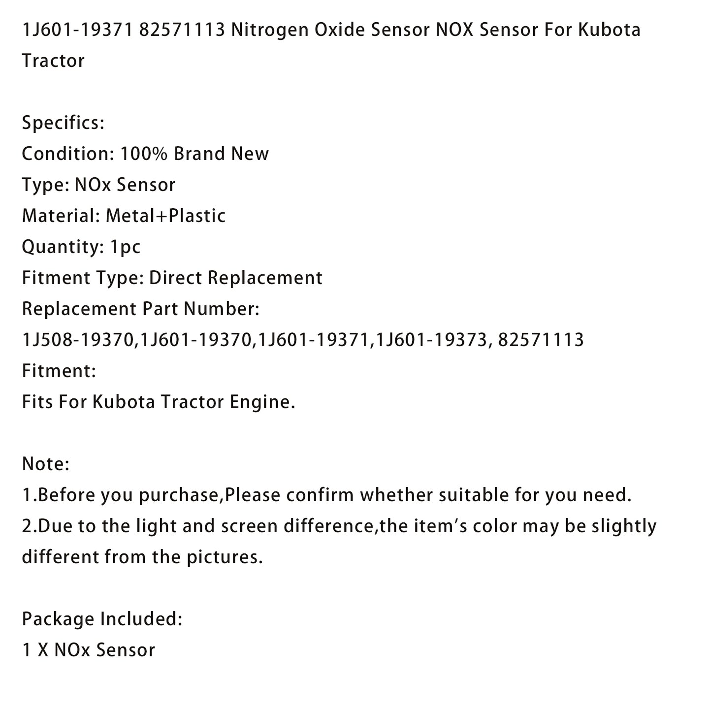 Nitrogen Oxide Sensor 1J601-19371 For Kubota 82571113 1J60119371
