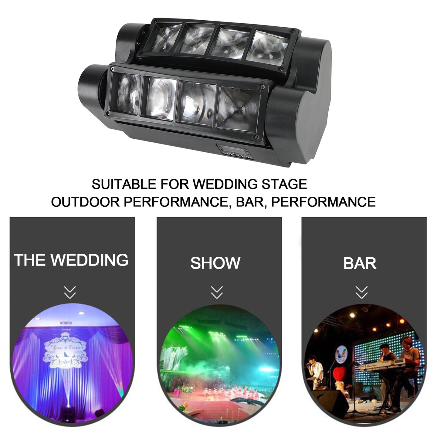 80W RGBW LED Spider Moving Head Stage Light – 8 LED, DMX for DJ, Disco, Party & Stage