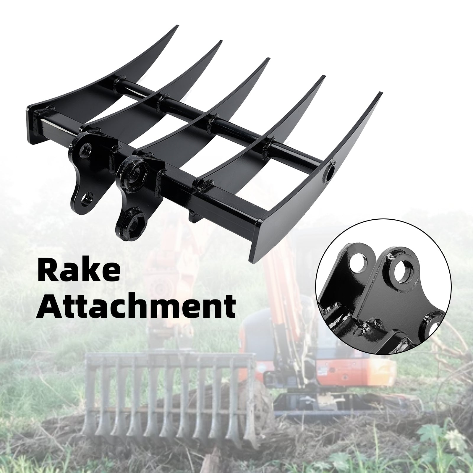 Mini Excavator Rake Attachment for 25mm Pins, 90mm Centers & 90mm Span, for Land Clearing & Root Removal