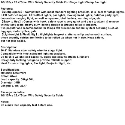 1/5/10Pcs 26.4"Steel Wire Safety Security Cable For Stage Light Clamp Par Light