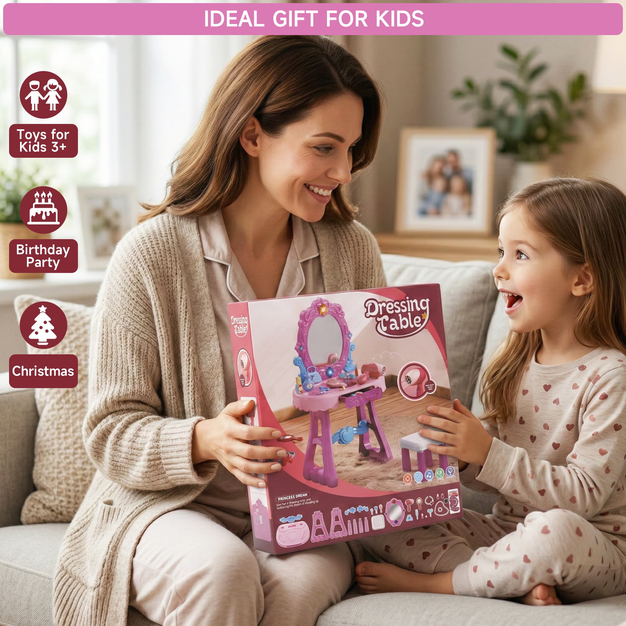 Toddler Makeup Table with Mirror and Chair Kids Vanity Set with Blowdryer for 3+