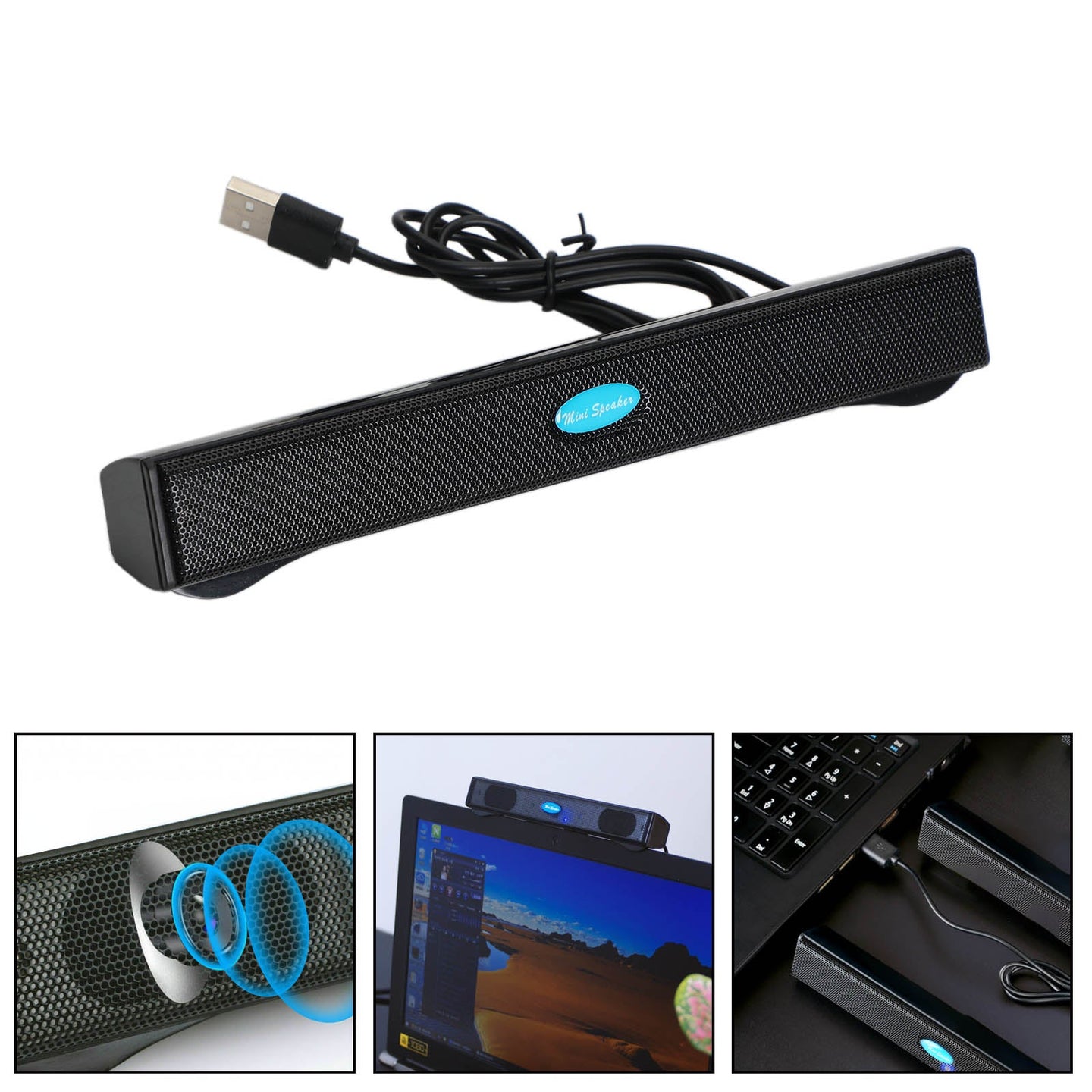 USB Power Computer Speakers Stereo Sound Bar With Clip for Desktop Laptop Black