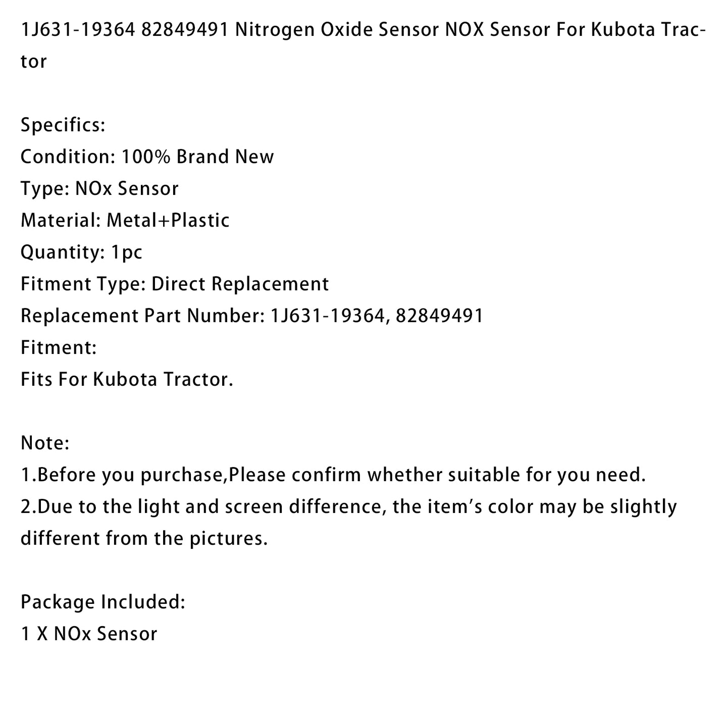Nitrogen Oxide Sensor 1J631-19364 82849491 Fits For Kubota