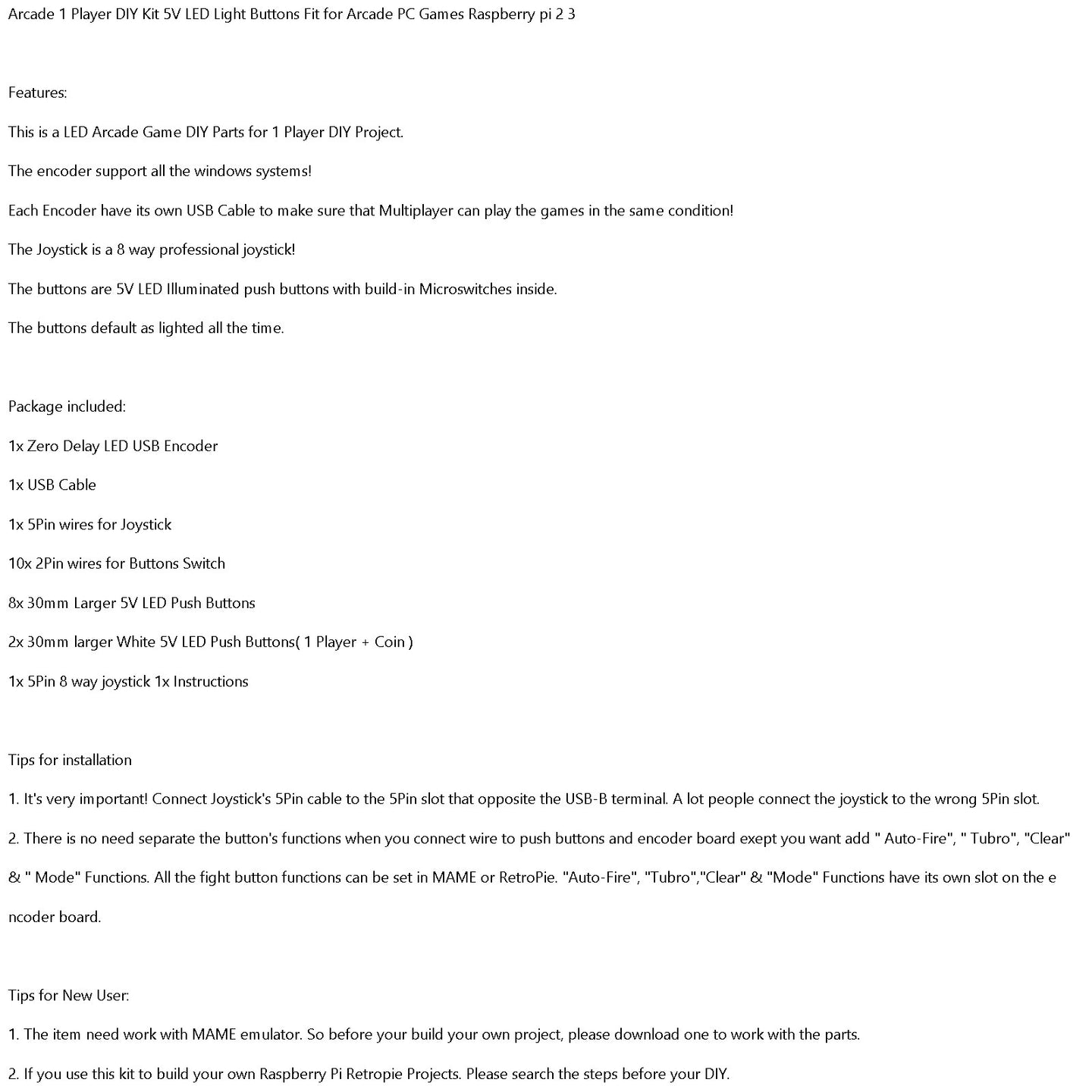1 Player LED Arcade DIY Part Kit USB Encoder to PC Video Games Gamepads Joystick