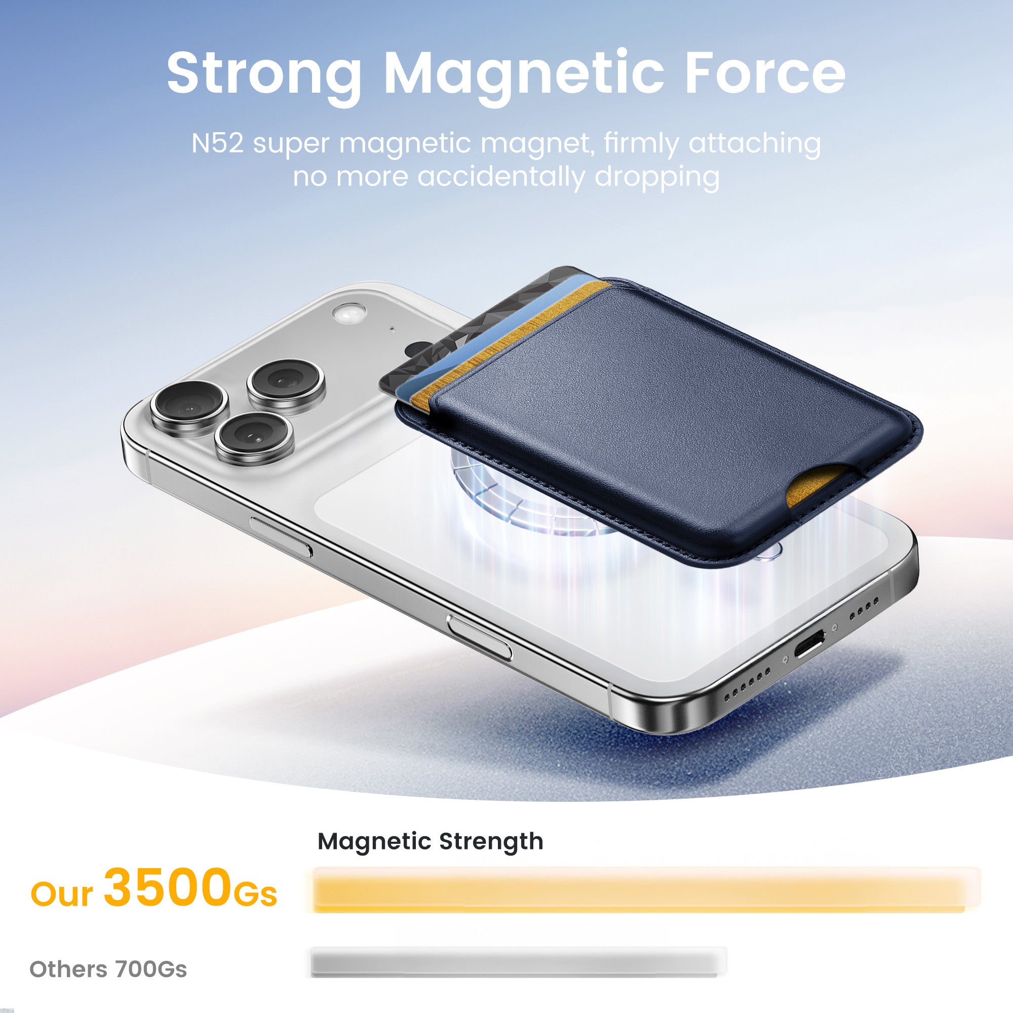 Magnetic Card Holder MagSafe Wallet 3 Card Holder RFID Protection iPhone Wallet Magnetic Strength Vegan Leather for iPhone 17/16/15/14/13/12 Series and Selected Samsung Devices Dark Blue