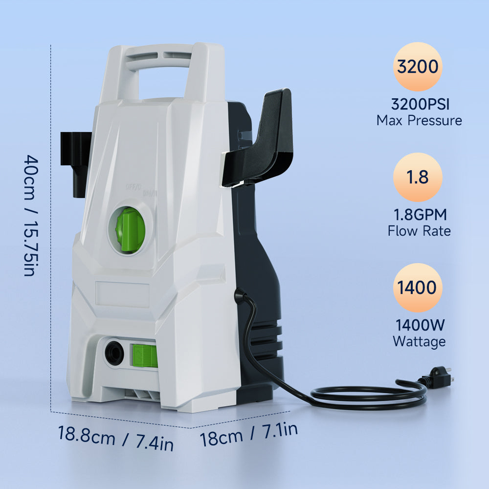 3200 PSI 1.8 GPM Electric Pressure Washer, 1400W High Power Cleaner with 2 Guns & 5 Nozzles for Cars, Patios, Decks