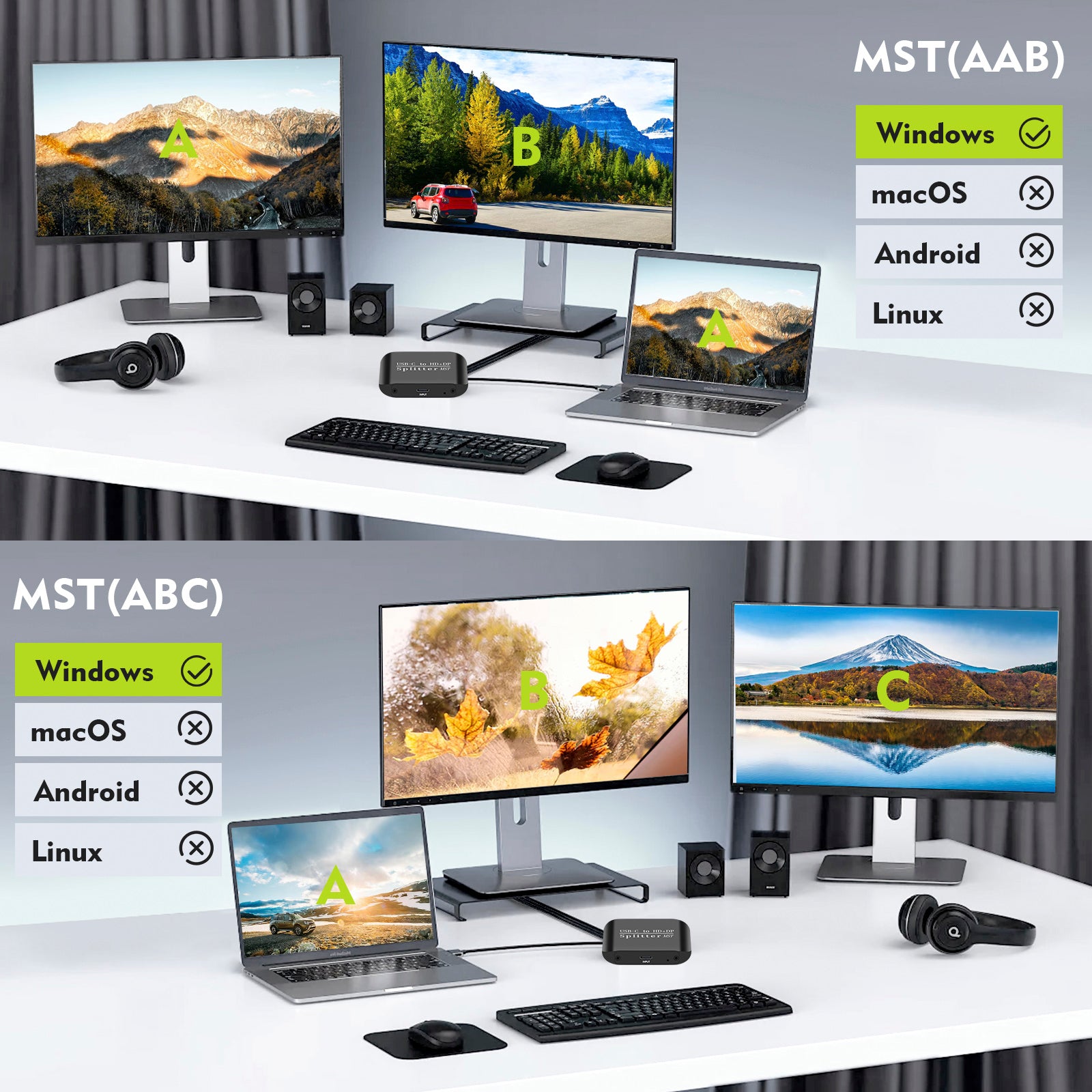 Type-C to HDMI+DP Laptop Splitter Two-Screen Display One Input and Two Output