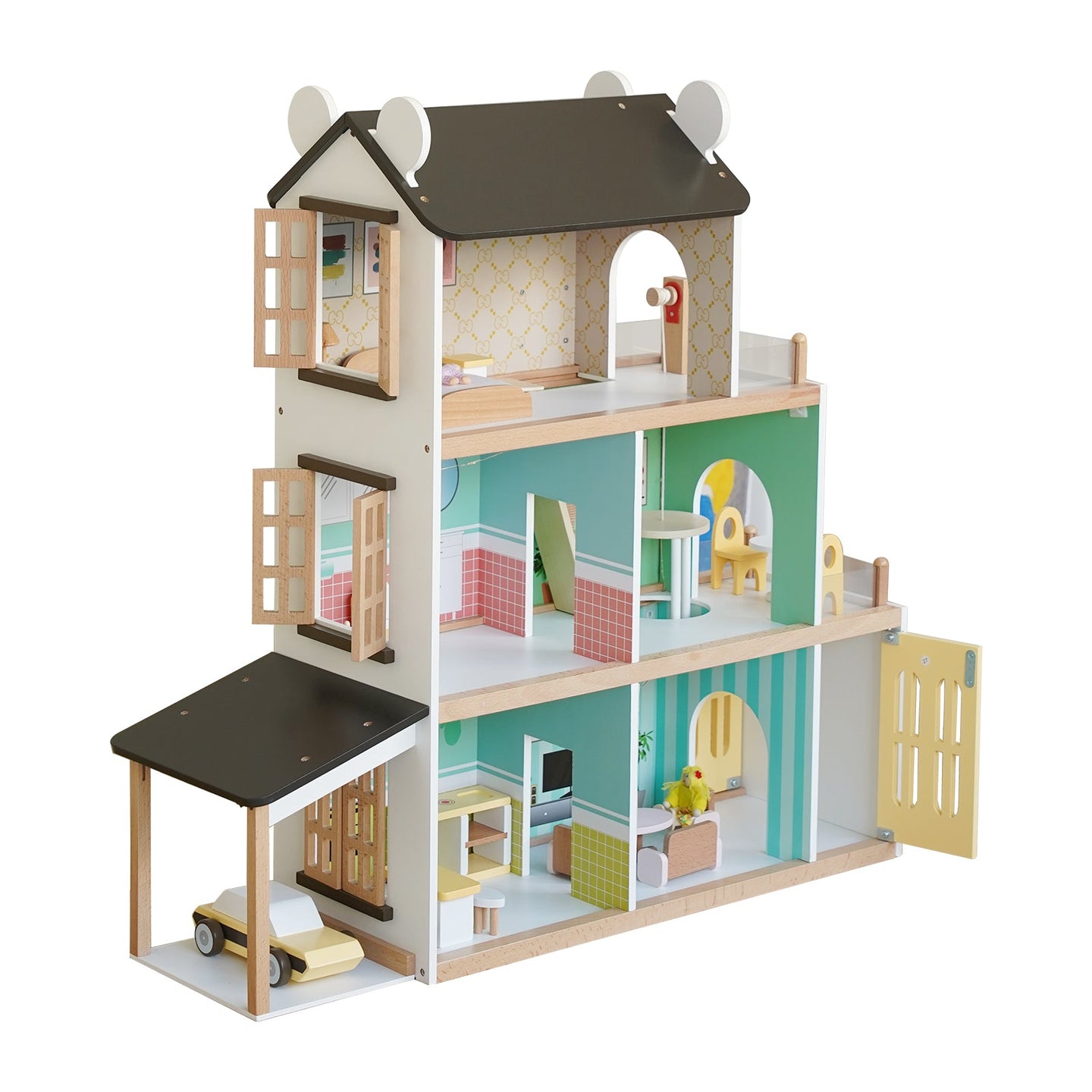 3Story Wooden Lighting Doll House With Balcony 20 Accessories Toy For 3+Year Kid