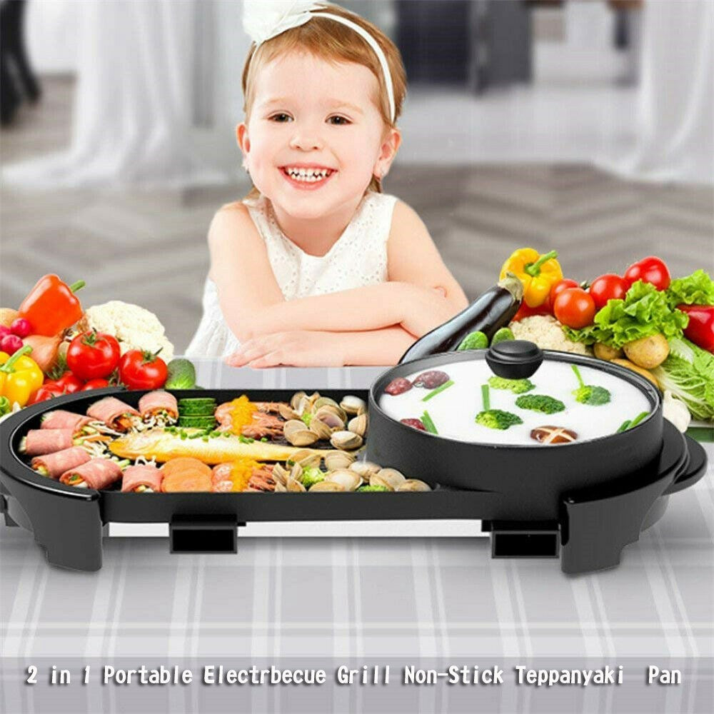 2-in-1 Electric Hot Pot and Grill for Indoor Korean BBQ & Shabu-Shabu, Large Non-Stick Pan for 7-8 People