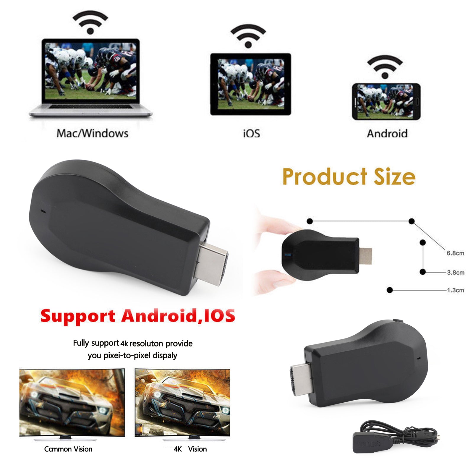 M100 4K Wireless HDMI Display Dongle, Supports Airplay, Miracast & DLNA for Screen Mirroring