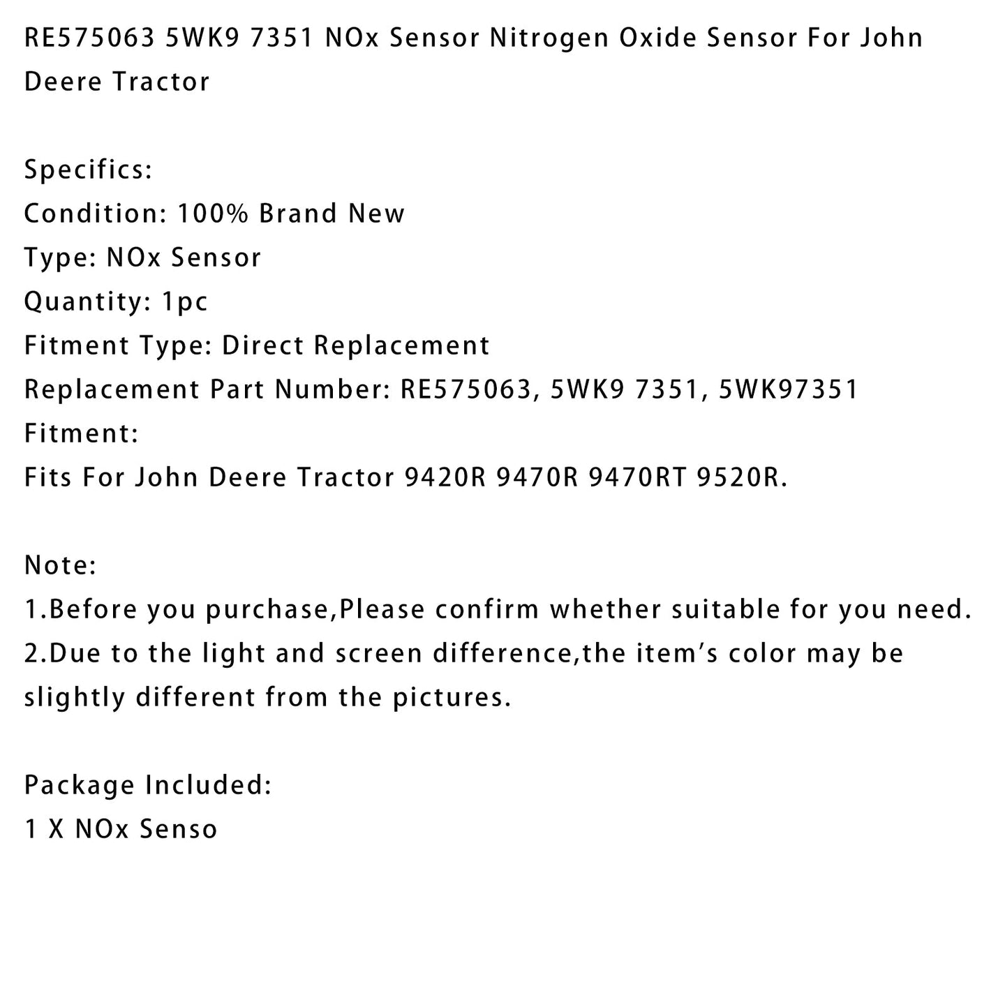 RE575063 NOx Sensor Nitrogen Oxide Sensor 5WK9 7351 Fits For John Deere Tractor