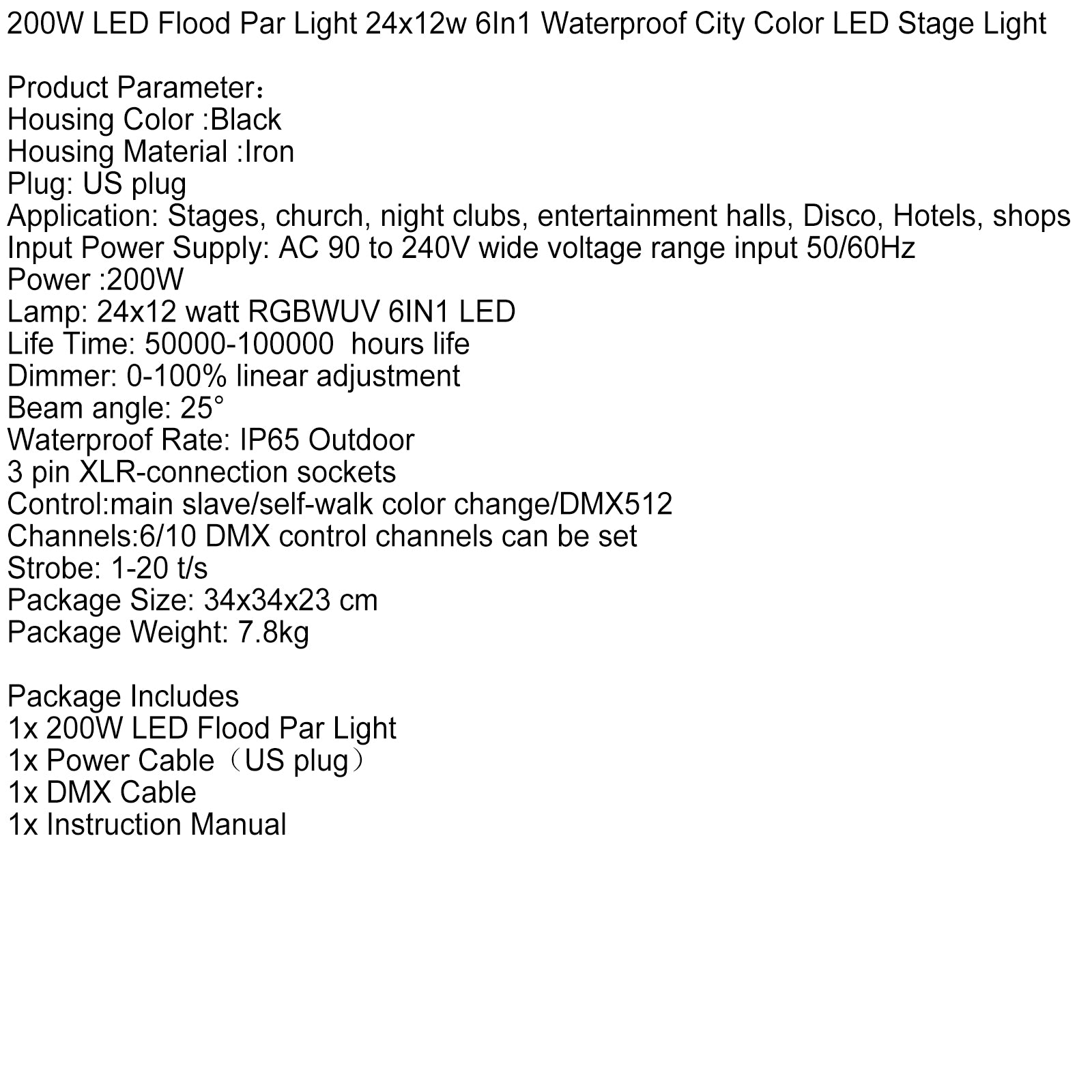 200W LED Flood PAR Light – 24x15W 6-in-1 RGBWA+UV Waterproof Stage Wash Lighting for Outdoor Events
