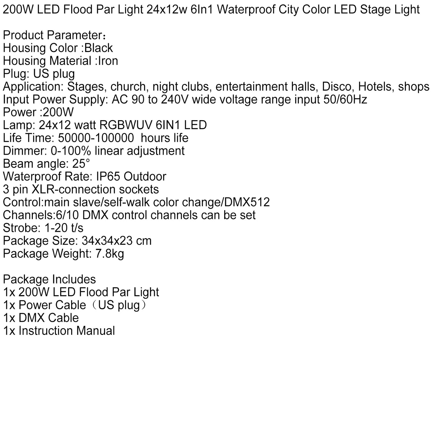200W LED Flood PAR Light – 24x15W 6-in-1 RGBWA+UV Waterproof Stage Wash Lighting for Outdoor Events