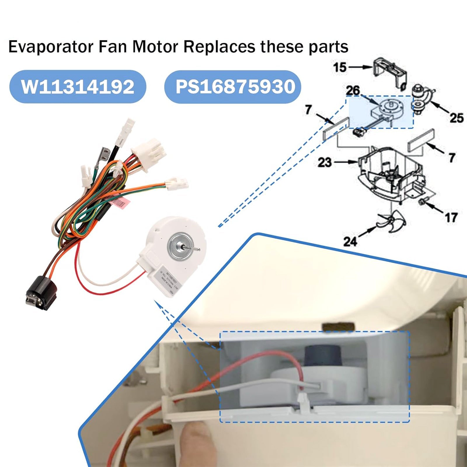 W11661931 W11314192 Refrigerator Evaporator Fan Motor for Maytag PS16875930