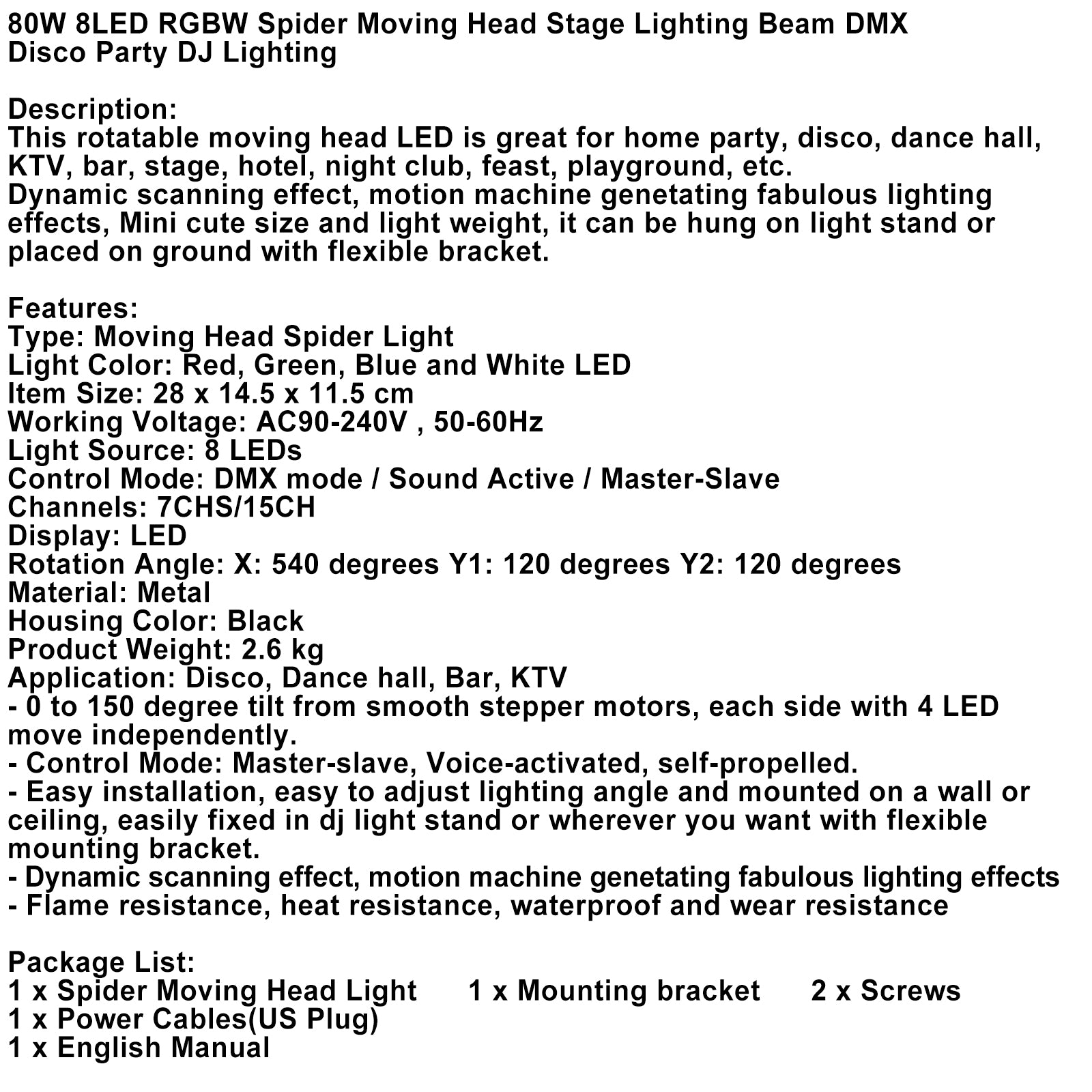 80W RGBW LED Spider Moving Head Stage Light – 8 LED, DMX for DJ, Disco, Party & Stage