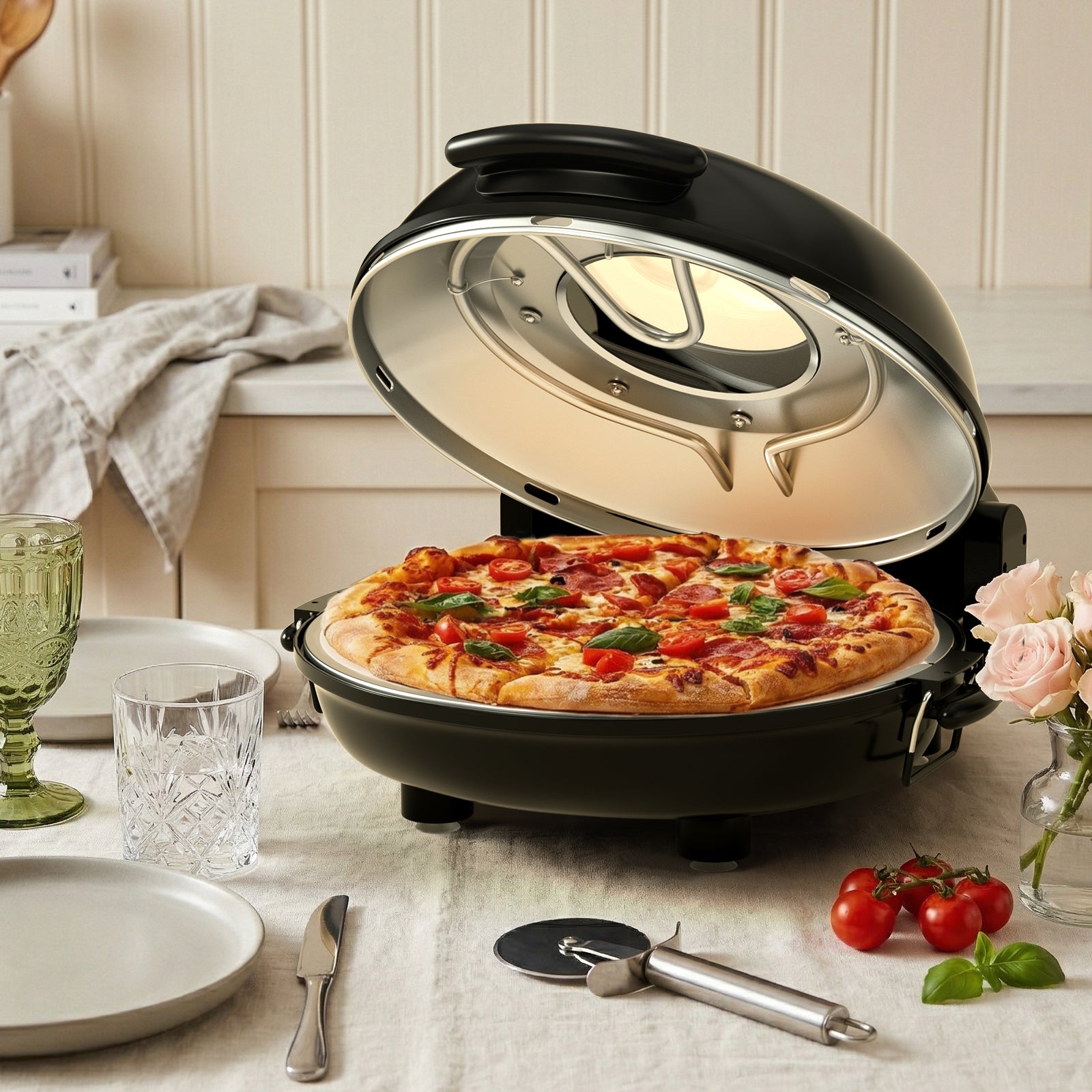 Electric Pizza Maker–12 Inch Electric Pizza Oven Indoor Countertop Maker with Ceramic Stone Heats up to 800˚F