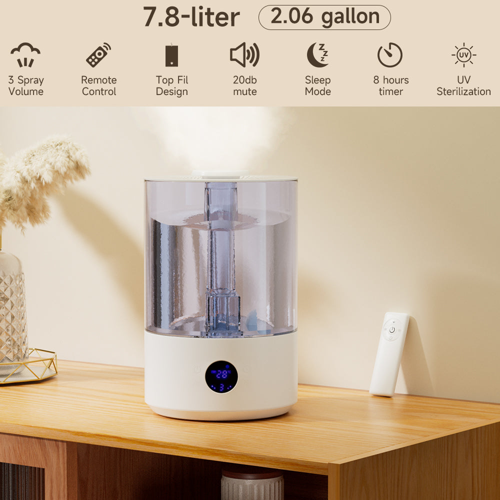 7.8L Large Humidifier for Bedroom & Home – Cool Mist Ultrasonic Top Fill Essential Oil Diffuser with Dual Mist & UV Sterilizer
