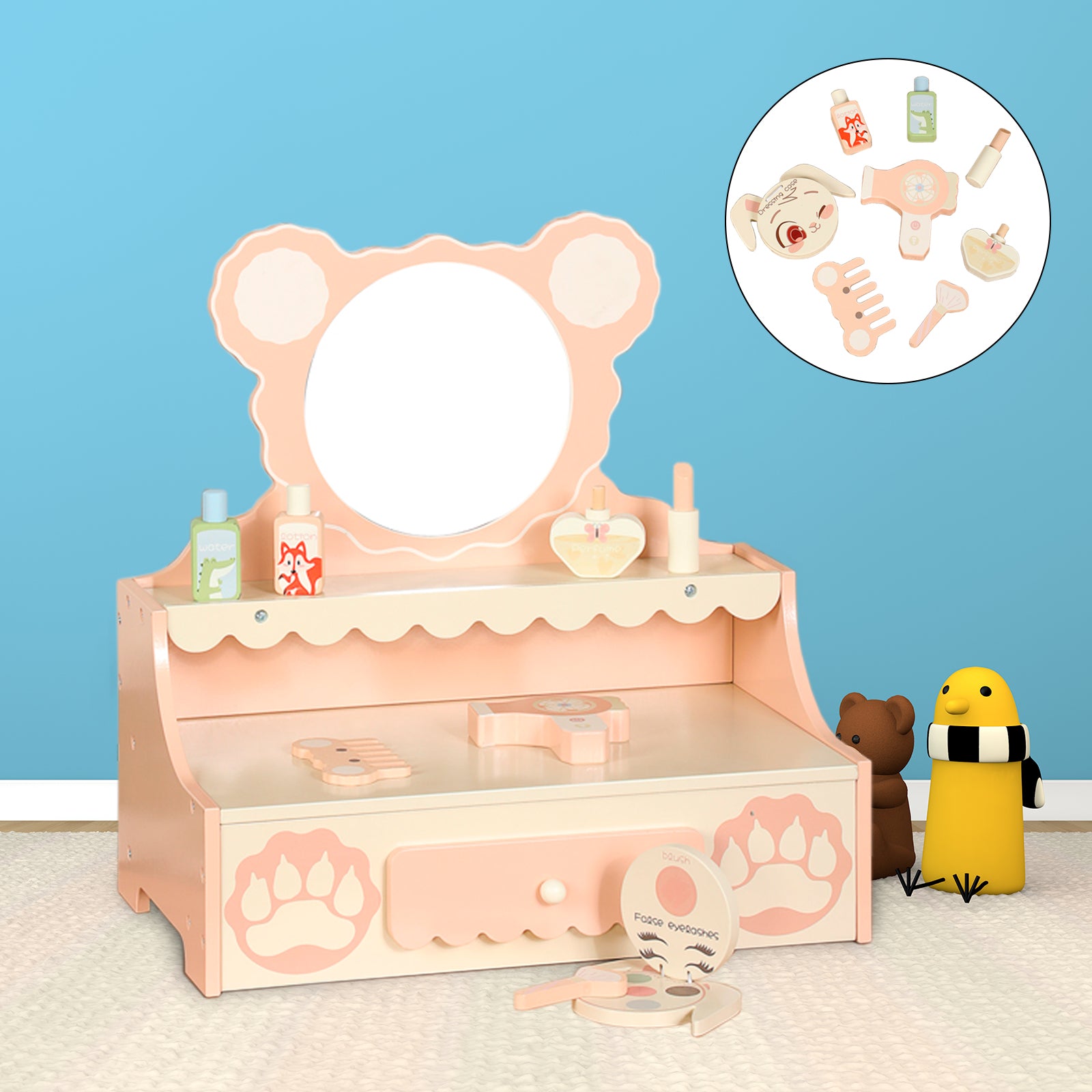 Kids Vanity Set with Storage Drawer Little Girls' Makeup Table with Mirror Toddler Pretend Play Vanity Desk with 8 Makeup Accessories Princess Vanity for 3+ Years Old Kids