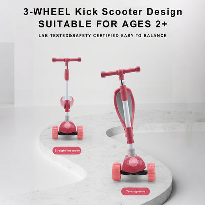 Foldable 3-Wheel Kids Scooter with Seat & Lights a?? Adjustable Handlebar (Pink)