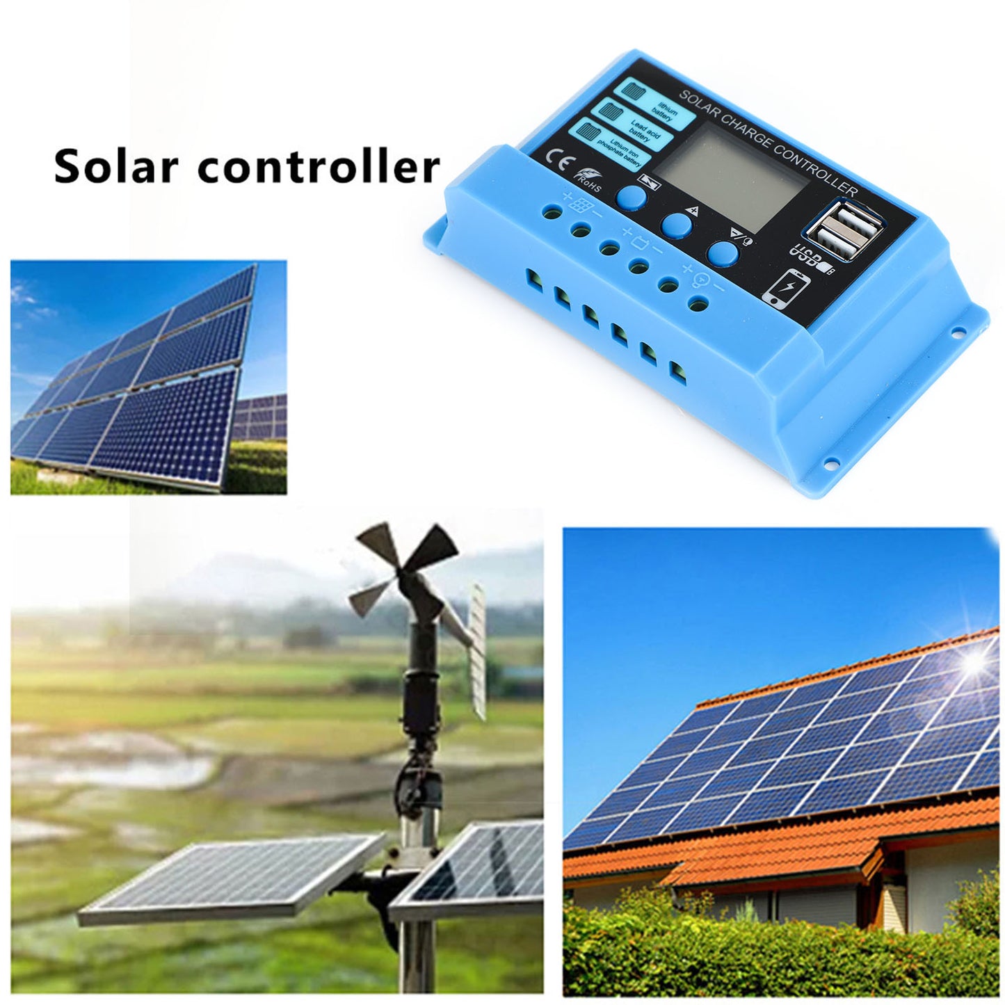 10A PWM Solar Charge Controller 12V/24V PV Regulator for LiFePO4, Lead Acid & Gel Batteries