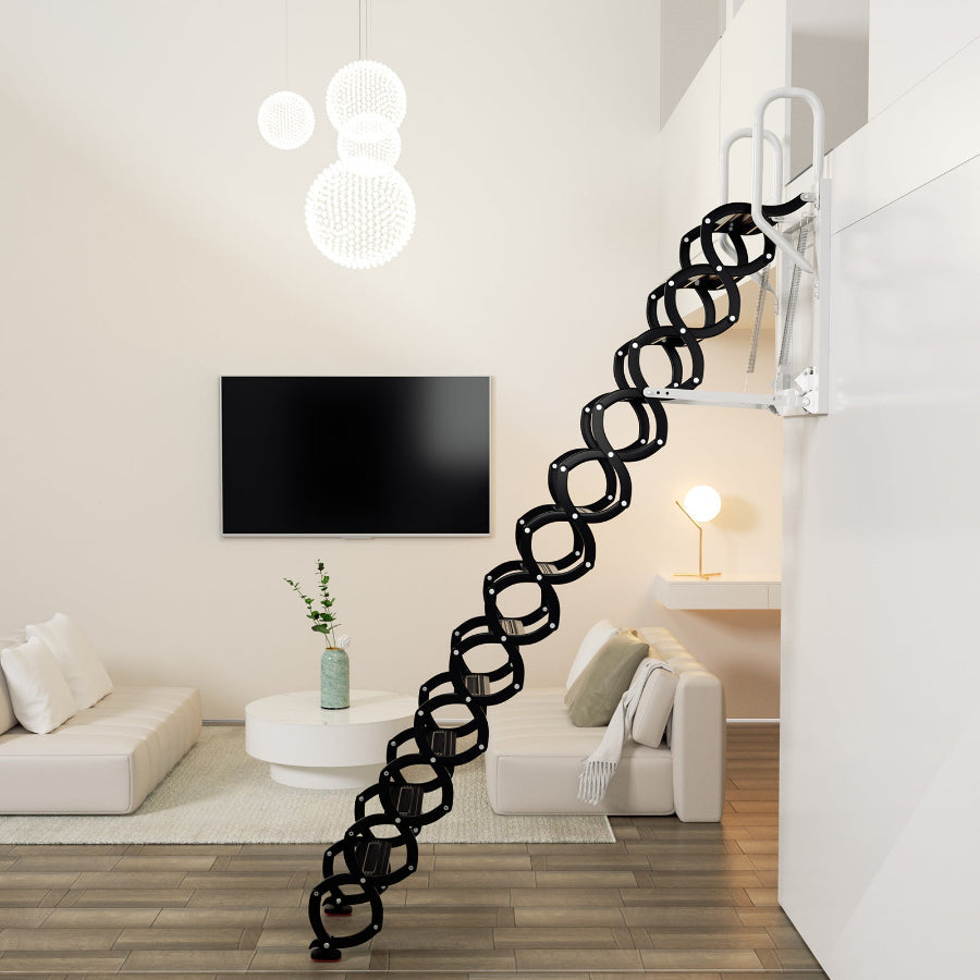 12-Step Folding Attic Ladder for 27.6" x 23.6" Wall Opening, 600 lbs Capacity Pull-Down Loft Stairs, up to 9.84ft Ceiling Height (Black)