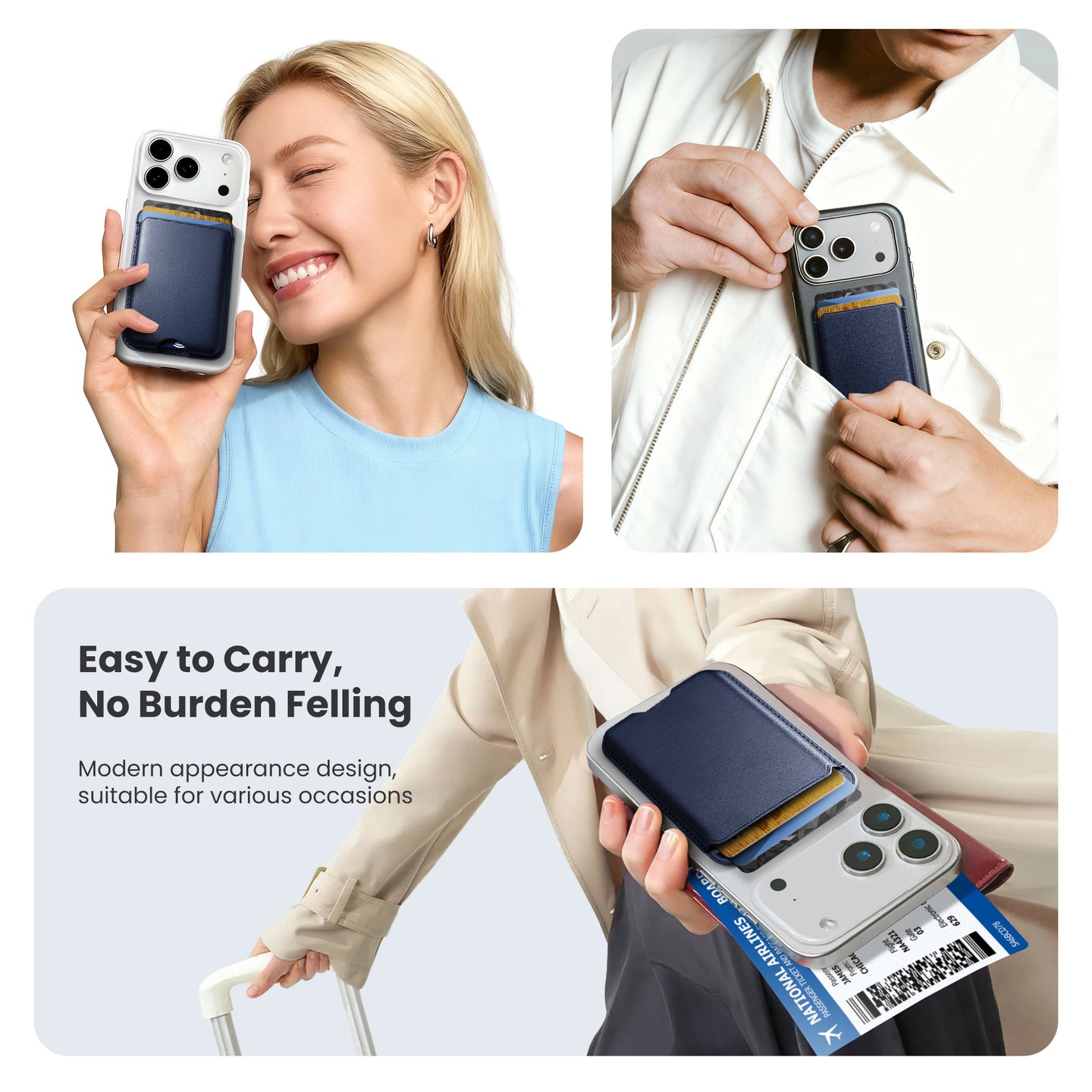 Magnetic Card Holder MagSafe Wallet 3 Card Holder RFID Protection iPhone Wallet Magnetic Strength Vegan Leather for iPhone 17/16/15/14/13/12 Series and Selected Samsung Devices Dark Blue