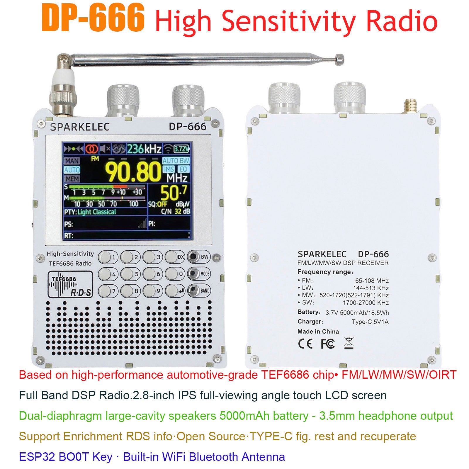 TEF6686 DSP Radio DP-666 High Sensitivity Full Band FM AM LW MW Shortwave Radio
