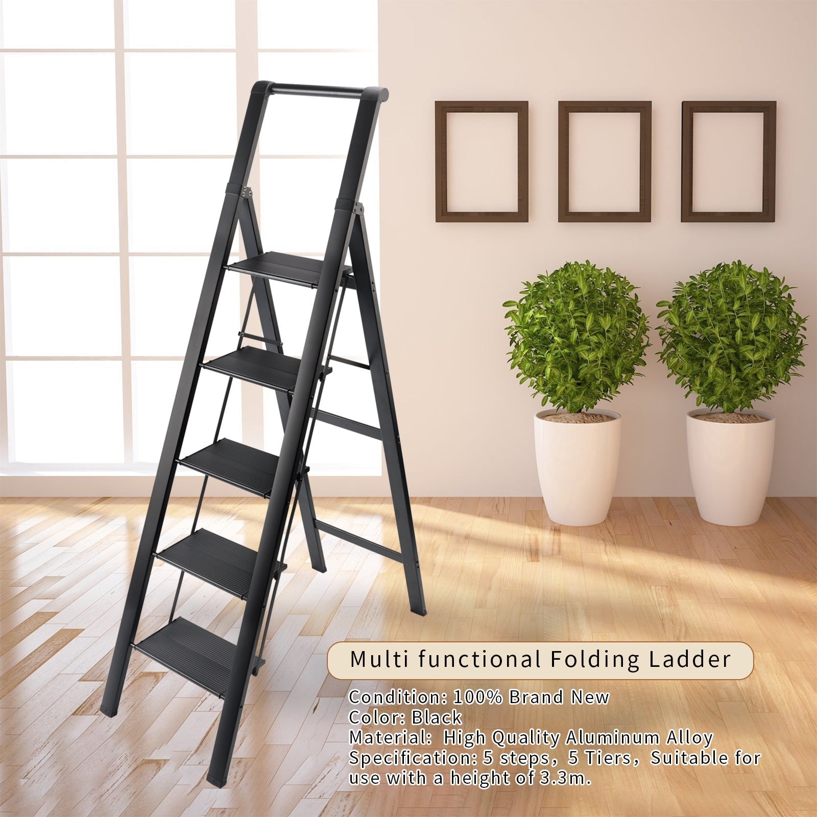 5-Step Folding Ladder, Aluminum with Anti-Slip Pedal - Heavy Duty & Stable Step Stool