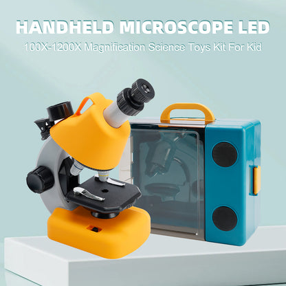100X-1200X Kids Microscope Kit with Phone Adapter, Dual LED Light & Slides, Beginner STEM Science Toy for Homeschool (Yellow)